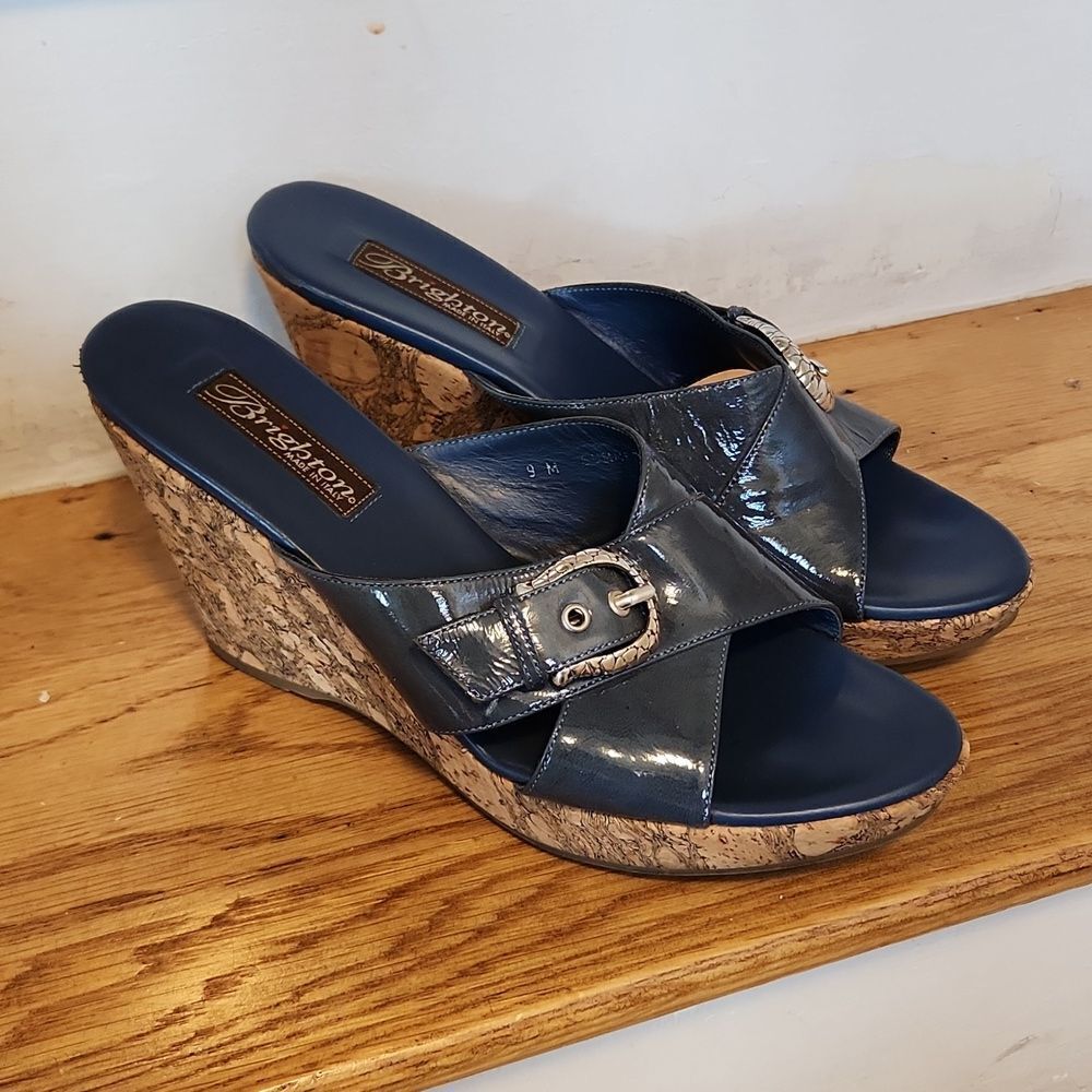 Brighton Navy Patent Leather Cork Wedge Sandals